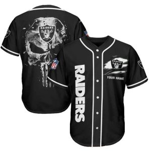 Personalized Las Vegas Raiders Logo And Iron Skull Black Baseball Jersey