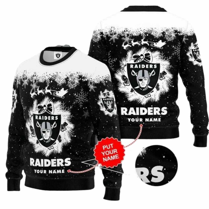 Personalized Las Vegas Raiders Logo And Snowflake Pattern Ugly Sweater 1