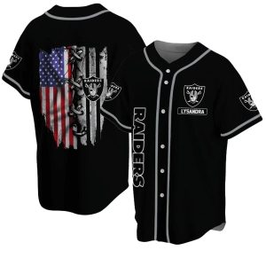 Personalized Las Vegas Raiders Logo And Us Flag Black Baseball Jersey