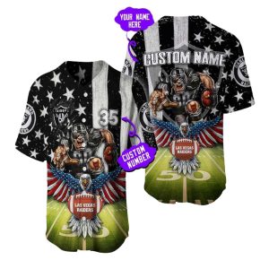 Personalized Las Vegas Raiders Raiders Mascot And Us Flag Eagle Baseball Jersey