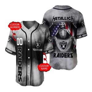 Personalized Las Vegas Raiders Raiders Skeleton And Us Flag Baseball Jersey