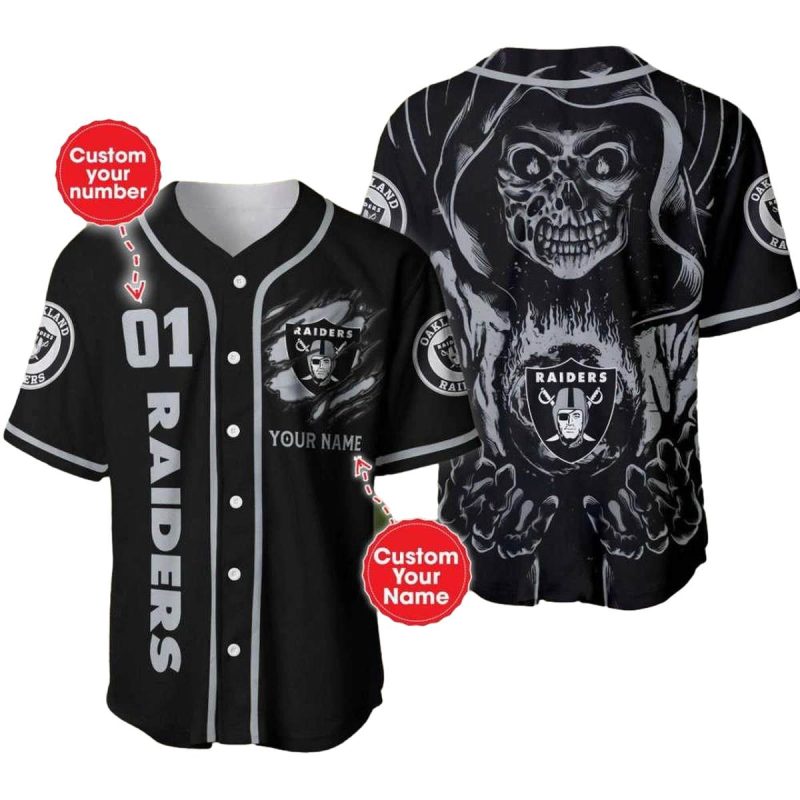 Personalized Las Vegas Raiders Raiders Skull Hand Halloween Black Baseball Jersey 1
