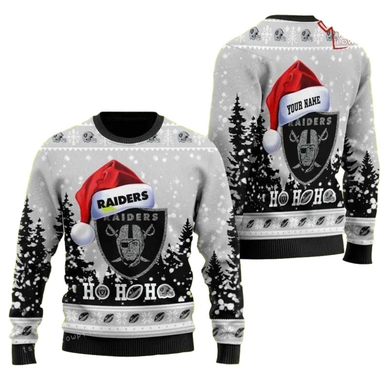 Personalized Las Vegas Raiders Symbol Wearing Santa Claus Hat Ho Ho Ho Raiders Ugly Christmas Sweater 1
