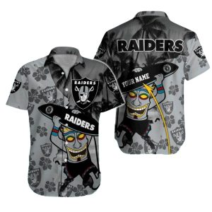 Personalized Las Vegas Raiders Tiki Surfer With Palm Tree Hawaiian Shirt