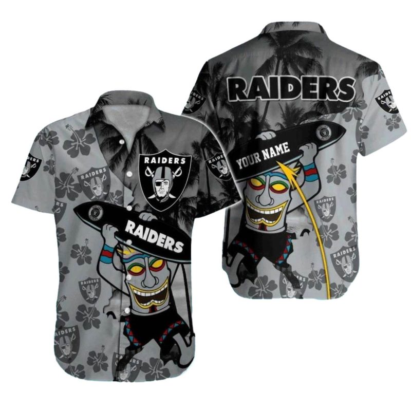 Personalized Las Vegas Raiders Tiki Surfer With Palm Tree Hawaiian Shirt 1