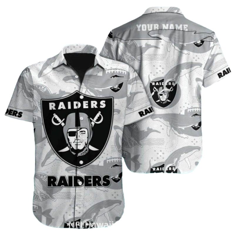 Personalized Las Vegas Raiders Whale And Ocean Pattern Grayscale Hawaiian Shirt 1