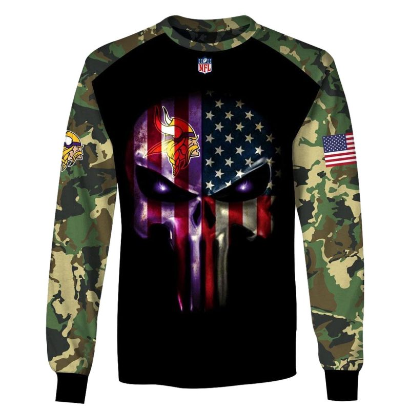 Personalized Minnesota Vikings Army Camouflage American Flag Punisher Skull Aop Sweatshirt 1