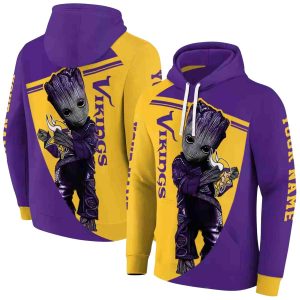Personalized Minnesota Vikings Baby Groot Hug Logo Purple AOP Hoodie