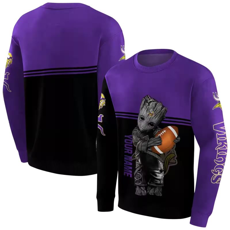 Personalized Minnesota Vikings Baby Groot Hug Logo Purple Black Aop Sweatshirt 1
