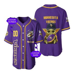 Personalized Minnesota Vikings Baby Yoda Hug Ball Baseball Jersey