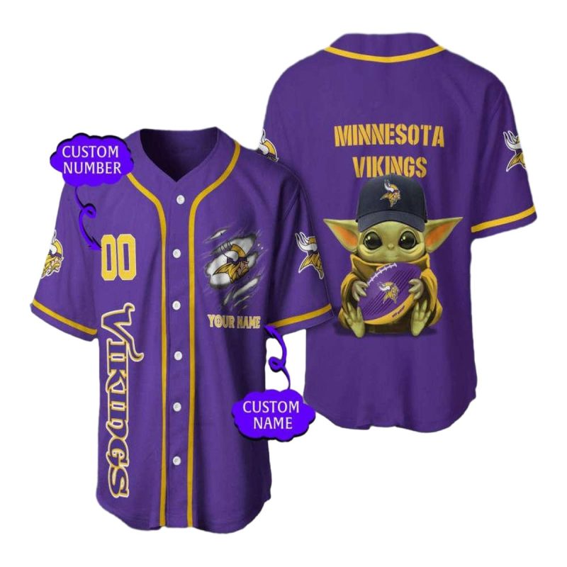 Personalized Minnesota Vikings Baby Yoda Hug Ball Baseball Jersey 1