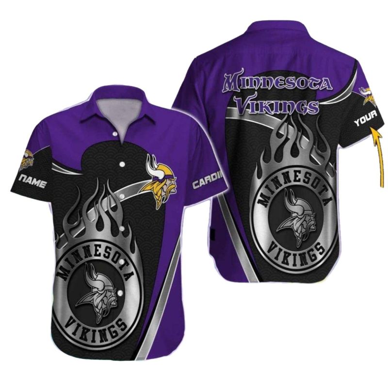 Personalized Minnesota Vikings Black And Purple Flame Hawaiian Shirt 1
