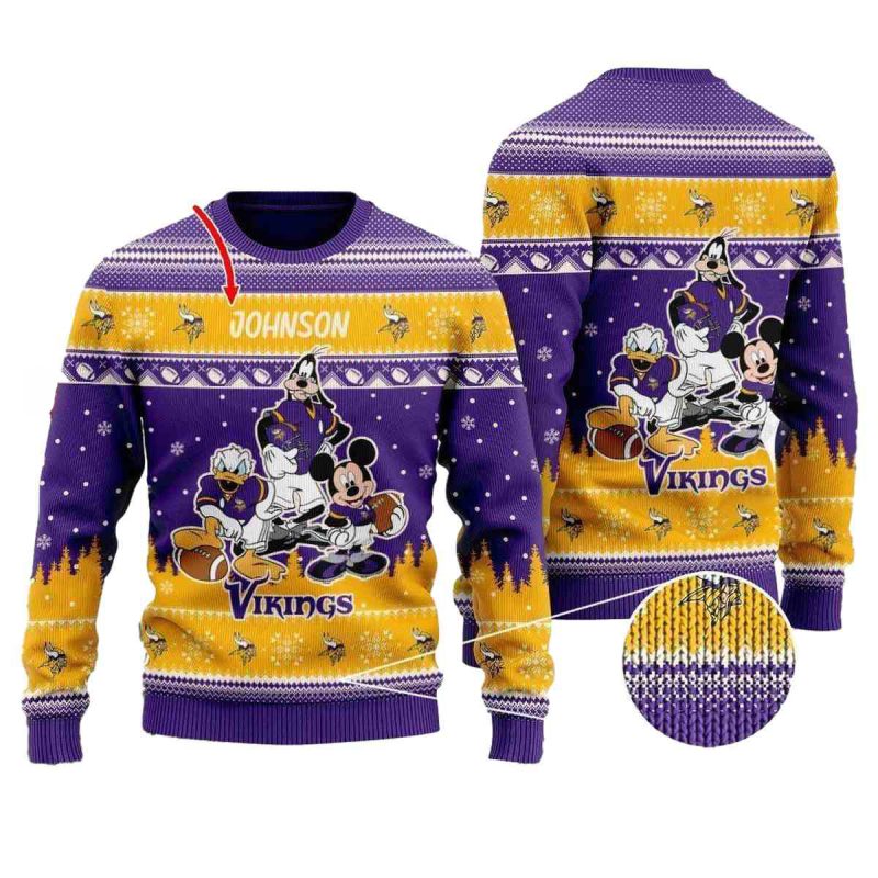 Personalized Minnesota Vikings Disney Donald Duck Mickey Mouse Goofy Ugly Sweater 1