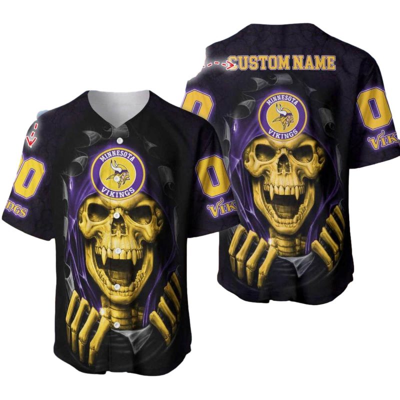 Personalized Minnesota Vikings Gold Skull Pattern Baseball Jersey 1