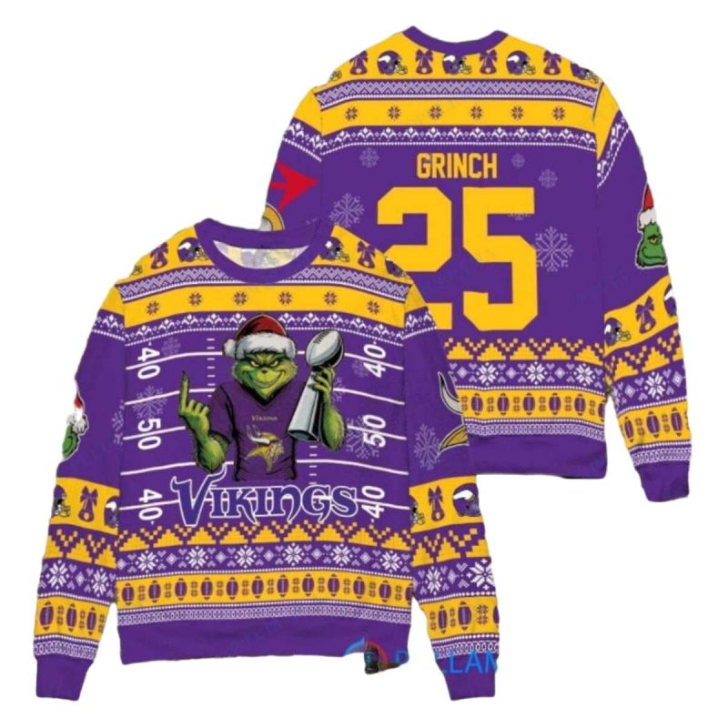 Personalized Minnesota Vikings Grinch Hug Super Bowl Trophy Ugly Sweater 1
