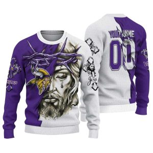Personalized Minnesota Vikings Jesus Tears Purple White AOP Sweatshirt