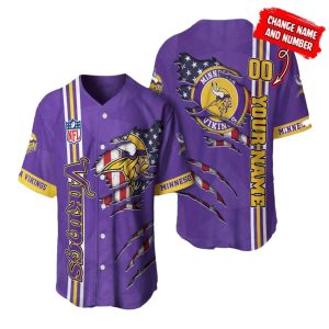 Personalized Minnesota Vikings Logo And American Flag Pattern Baseball Jersey