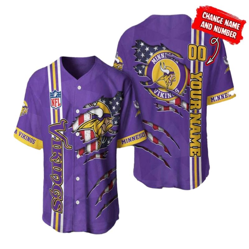 Personalized Minnesota Vikings Logo And American Flag Pattern Baseball Jersey 1
