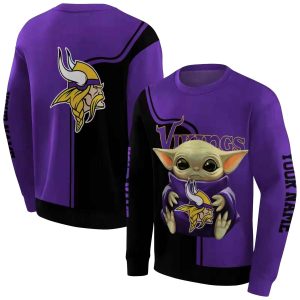 Personalized Minnesota Vikings Logo And Baby Yoda Purple Black AOP Sweatshirt