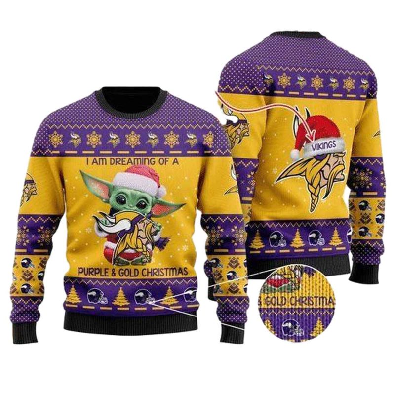 Personalized Minnesota Vikings Logo And Baby Yoda Santa Claus Ugly Sweater 1