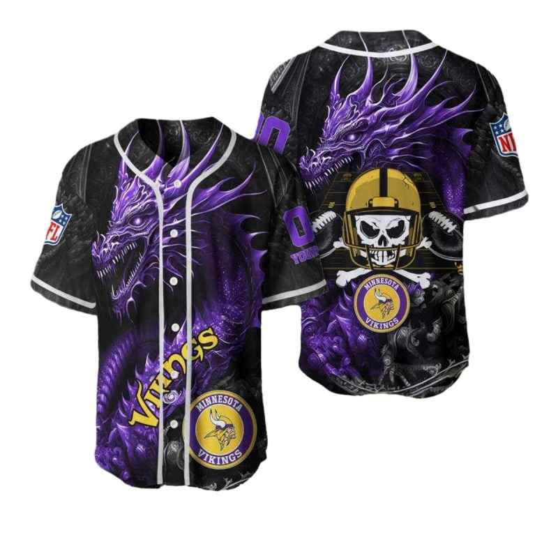 Personalized Minnesota Vikings Logo And Dragon Purple Baseball Jersey 1