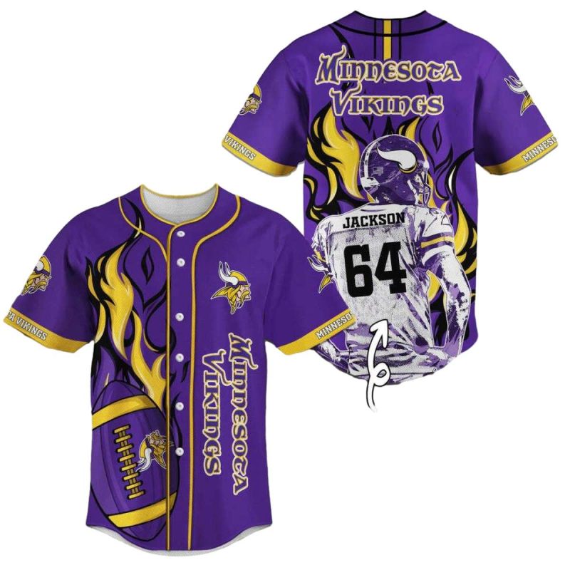 Personalized Minnesota Vikings Logo And Flame Ball Baseball Jersey 1