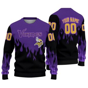 Personalized Minnesota Vikings Logo And Flame Outline Purple Black AOP Sweatshirt