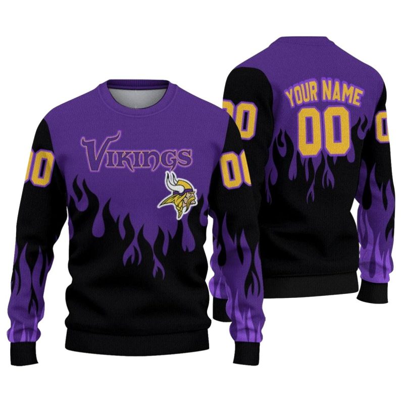 Personalized Minnesota Vikings Logo And Flame Outline Purple Black Aop Sweatshirt 1