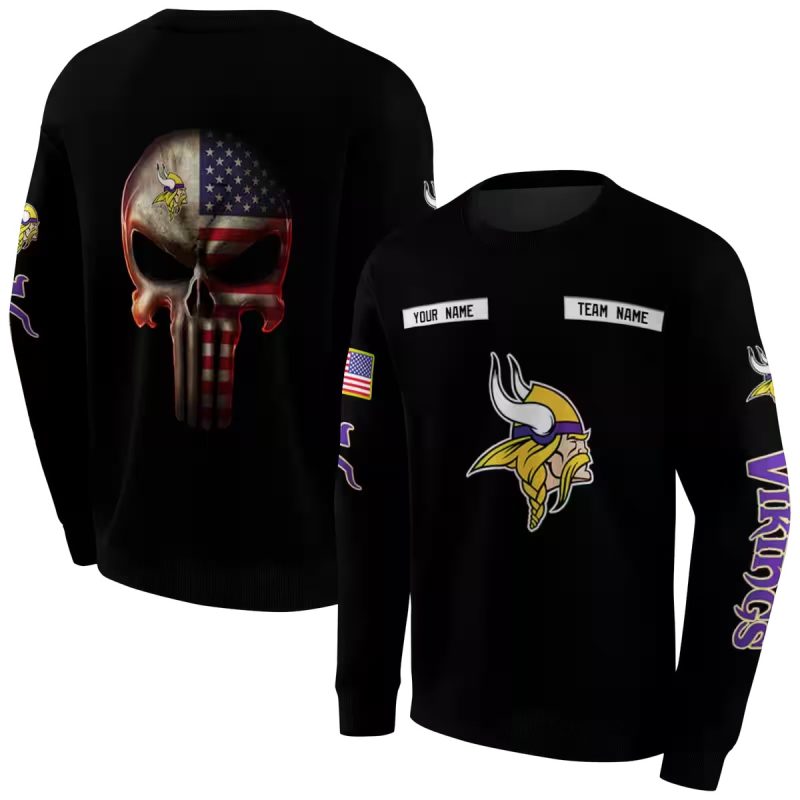 Personalized Minnesota Vikings Logo And Punisher Skull Black Aop Sweatshirt 1
