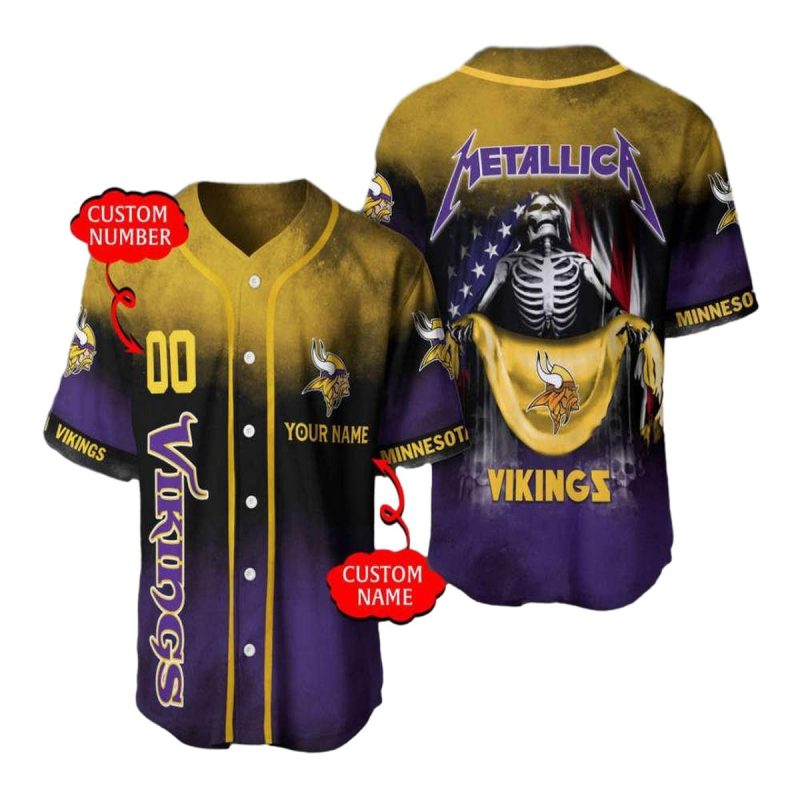 Personalized Minnesota Vikings Logo And Skeleton Us Flag Baseball Jersey 1