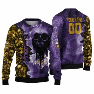 Personalized Minnesota Vikings Logo And Skull Collage Purple AOP Sweatshirt
