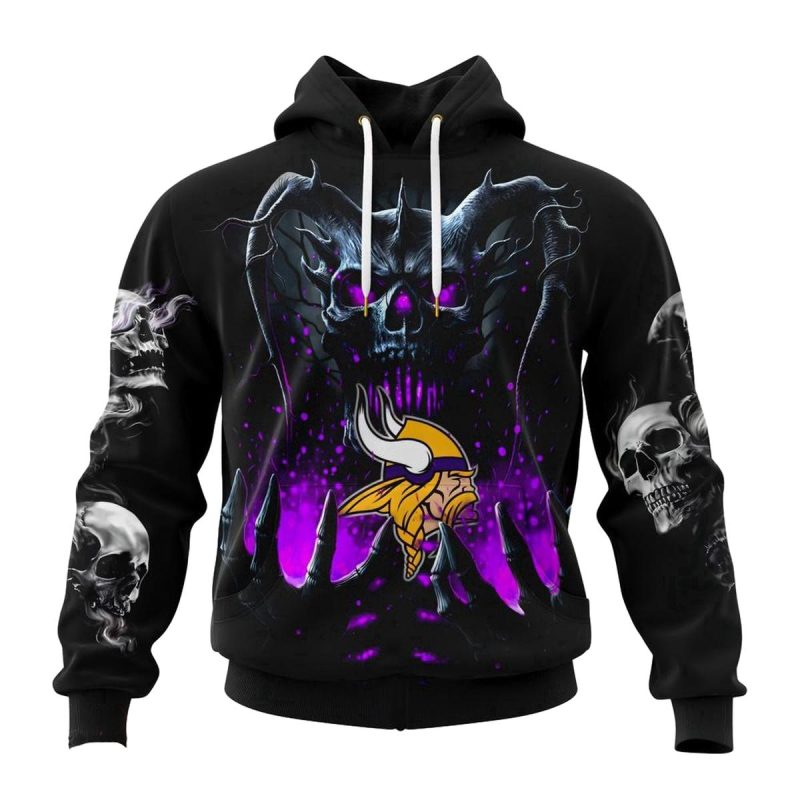 Personalized Minnesota Vikings Logo And Skull Halloween Aop Hoodie 1
