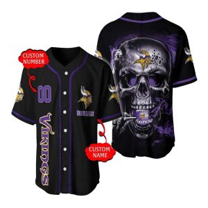 Personalized Minnesota Vikings Logo And Smoke Skull Purple Baseball Jersey