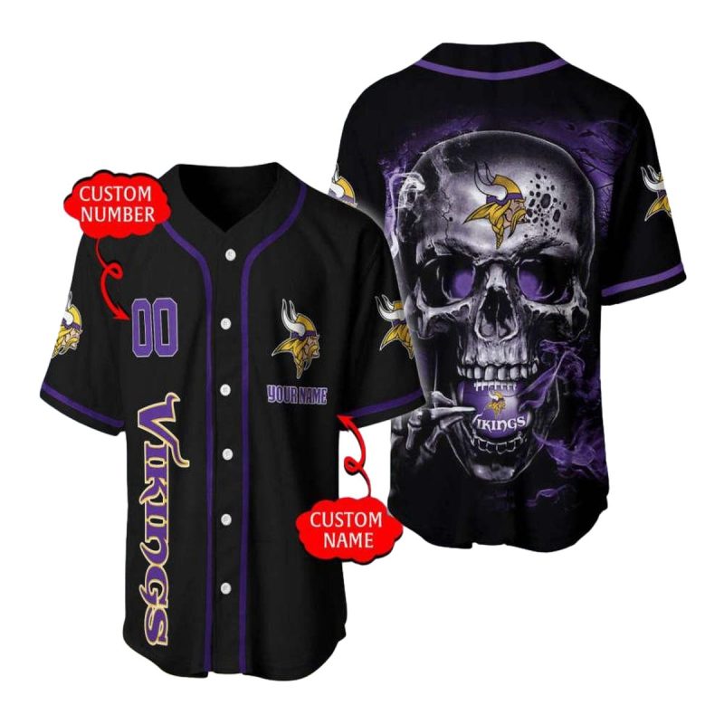 Personalized Minnesota Vikings Logo And Smoke Skull Purple Baseball Jersey 1