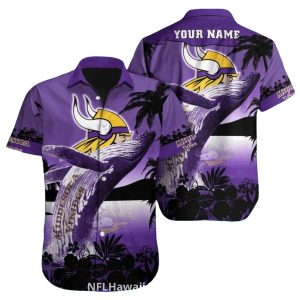 Personalized Minnesota Vikings Majestic Whale Tropical Purple Hawaiian Shirt