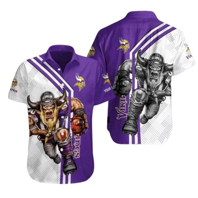 Personalized Minnesota Vikings Mascot Rush White And Purple Hawaiian Shirt 1