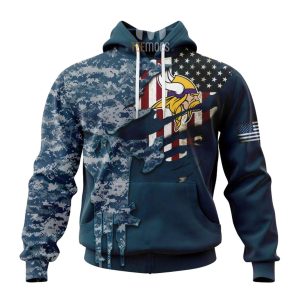 Personalized Minnesota Vikings Navy Skull Camo Veteran AOP Hoodie