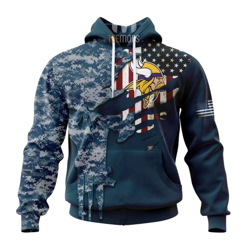 Personalized Minnesota Vikings Navy Skull Camo Veteran Aop Hoodie 1