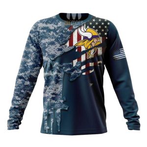 Personalized Minnesota Vikings Navy Skull Camo Veteran AOP Sweatshirt