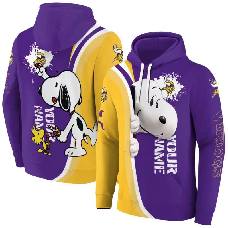 Personalized Minnesota Vikings Peeking Snoopy Purple And Yellow Aop Hoodie 1