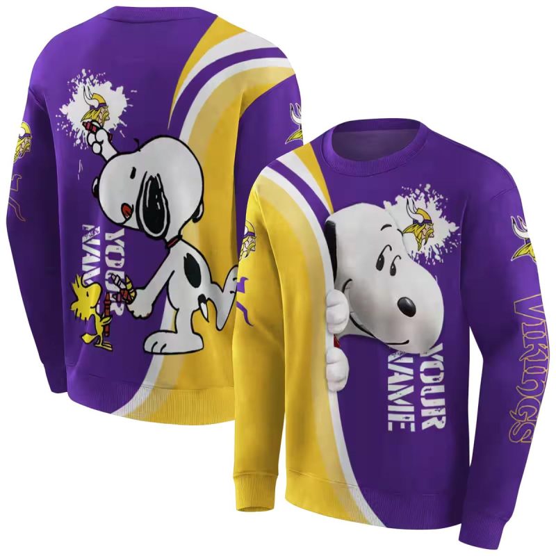 Personalized Minnesota Vikings Peeking Snoopy Purple And Yellow Aop Sweatshirt 1