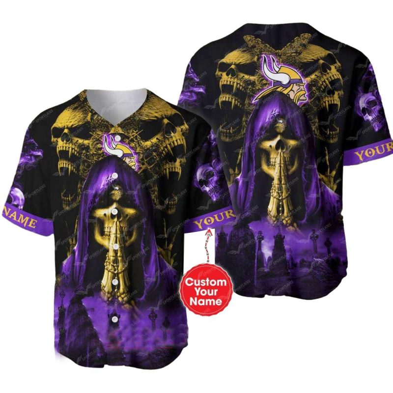 Personalized Minnesota Vikings Praying Skull Baseball Jersey 1