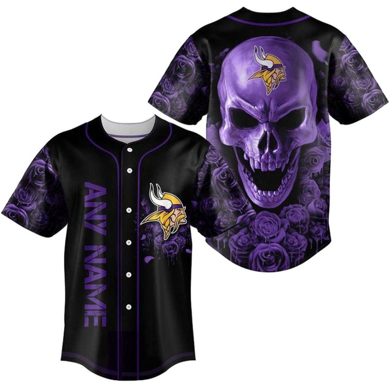 Personalized Minnesota Vikings Rose Skull Baseball Jersey 1