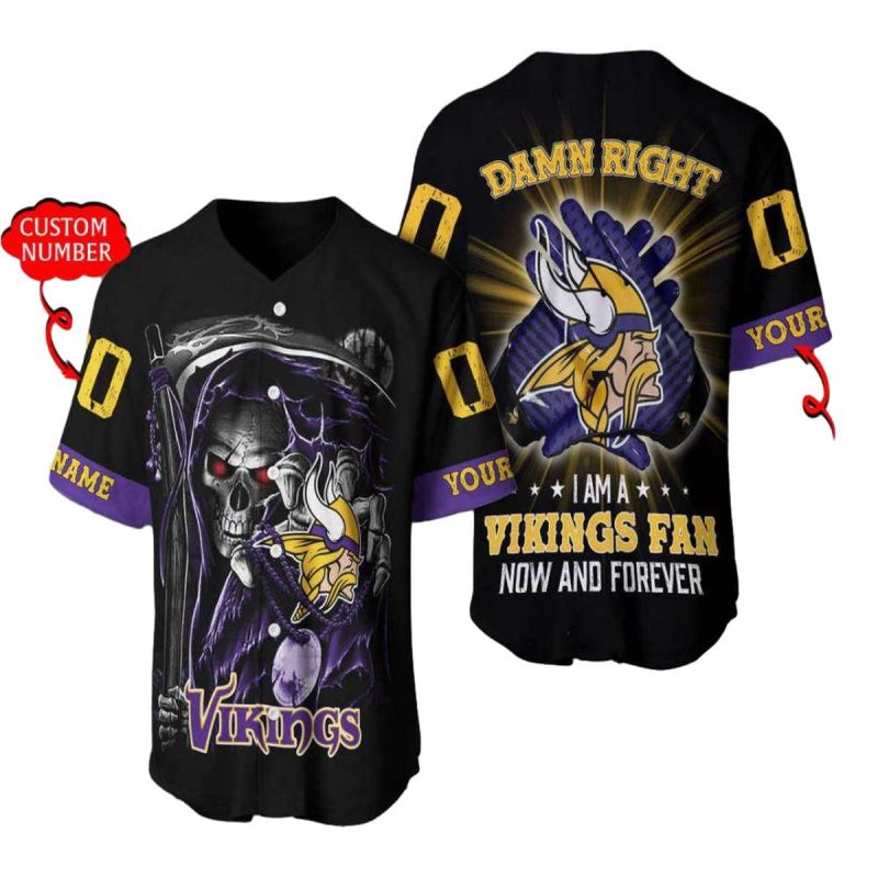 Personalized Minnesota Vikings Skull Damn Right Baseball Jersey 1