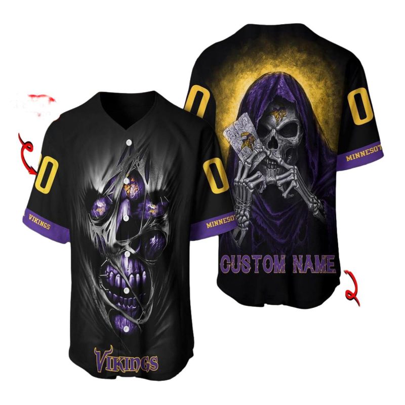 Personalized Minnesota Vikings Skull Halloween Black Baseball Jersey 1