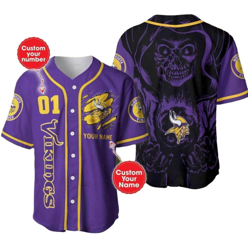 Personalized Minnesota Vikings Skull Purple Baseball Jersey 1