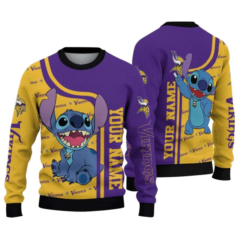 Personalized Minnesota Vikings Stitch Art Yellow Purple Aop Sweatshirt 1