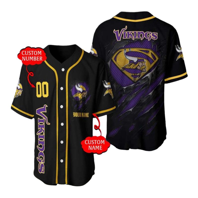 Personalized Minnesota Vikings Super Man Black Baseball Jersey 1