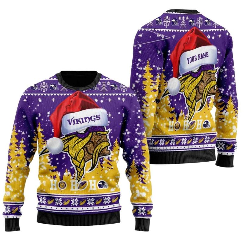 Personalized Minnesota Vikings Symbol Wearing Santa Claus Hat Ho Ho Ho Ugly Sweater 1