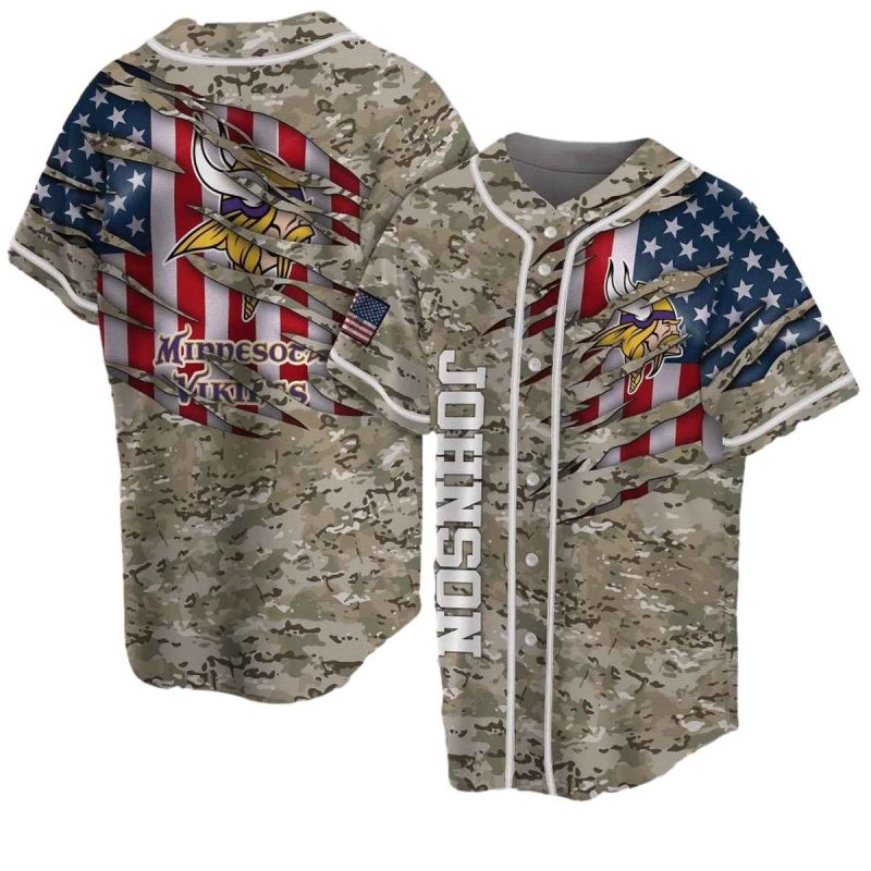 Personalized Minnesota Vikings Us Flag Camo Baseball Jersey 1